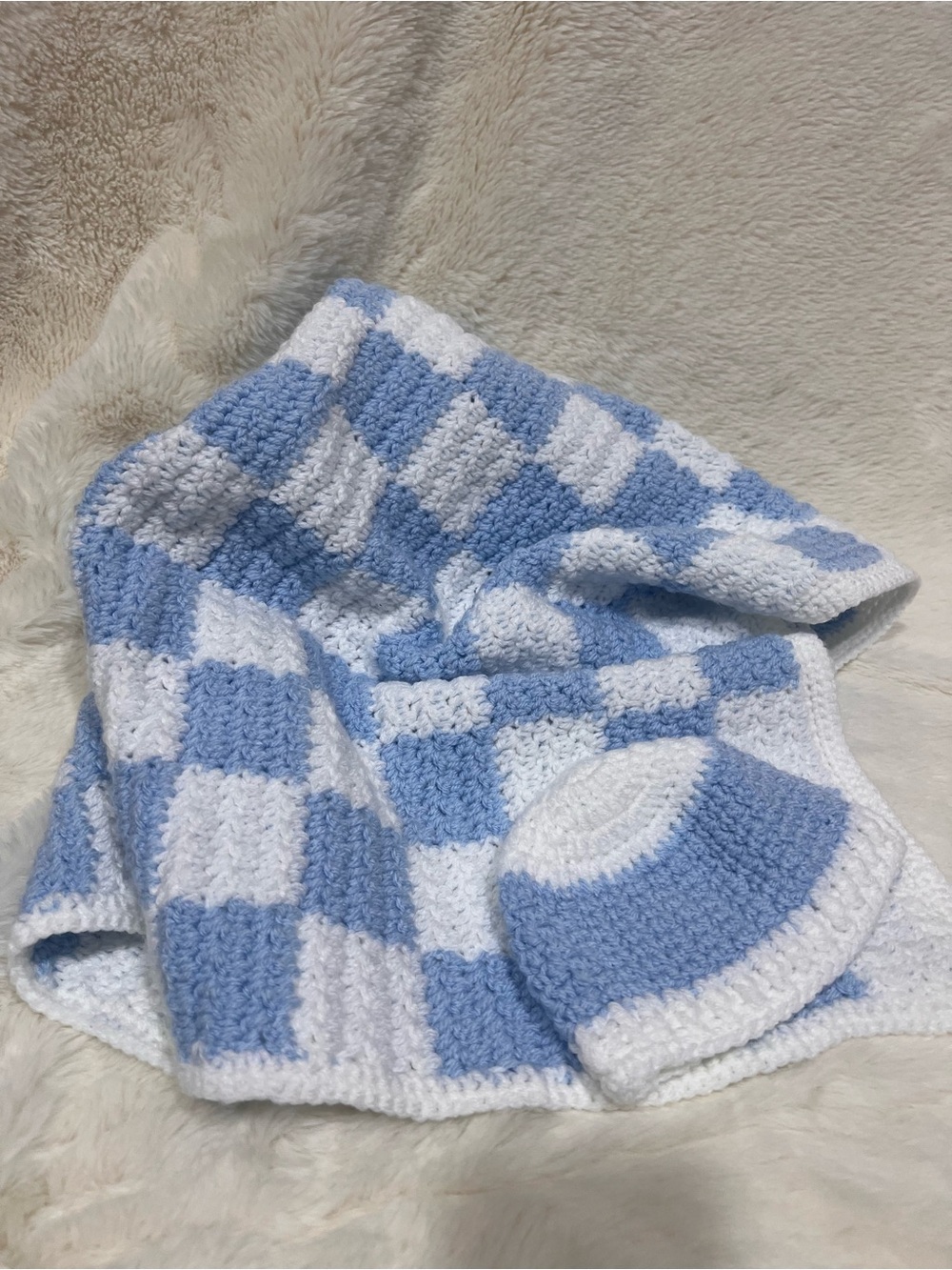 Handmade Crochet Baby Blanket and Beanie Set - Blue & White Checker - new custom